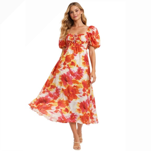 Alex Marie Dresses & Skirts - Alex Marie Monroe Floral Midi Dress Puff Sleeve Smocked Back Size 8 NWT